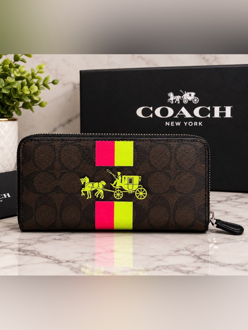 Coach Brown Signature Zip Wallet with Neon Pink & Neon Yellow Stripes NWOT